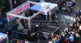 stage, truss ground support roof, barriers, pa and lighting for alexandra burke event in covent garden for channel 4